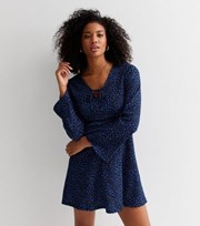 New Look Blue Leopard Print Crinkle Jersey Long Flared Sleeve Mini Dress